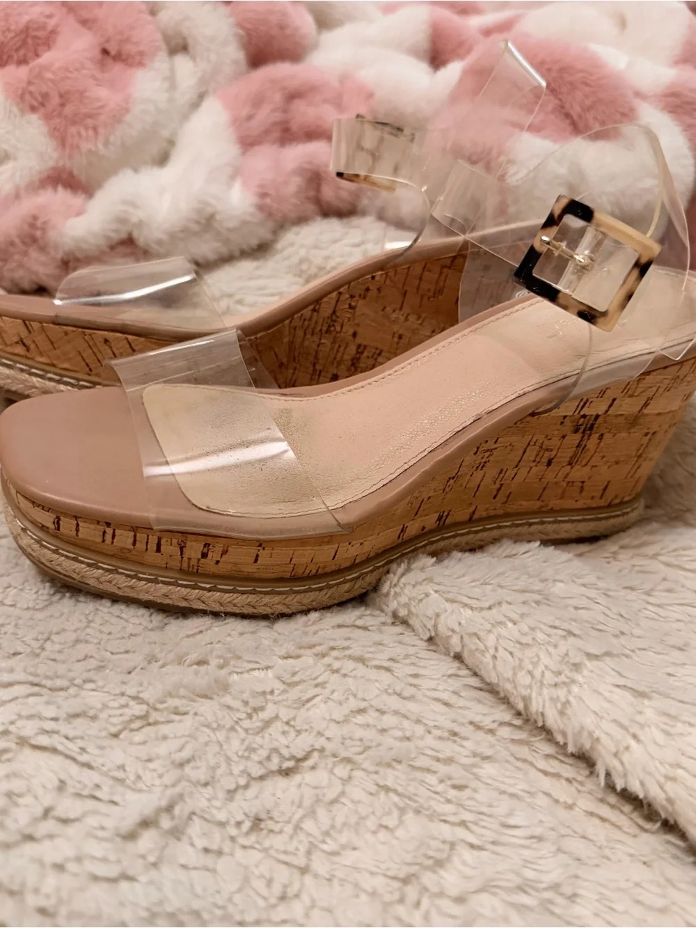 Clear Strap Cork Wedge Sandals - Nude